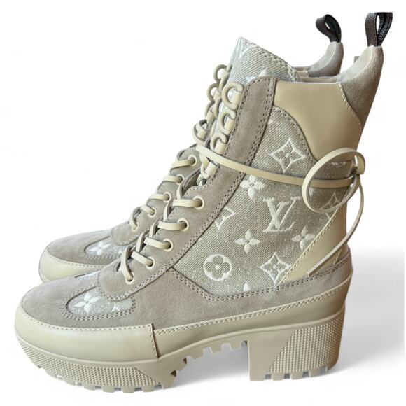 Louis Vuitton Laureate Platform Desert Boots Suede Calfskin Beige Gray Size 38 - Picture 1 of 16